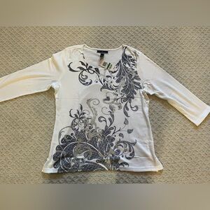 Karen Scott 3/4 Sleeve White Blue and Silver Tee Shirt Size Large NWT